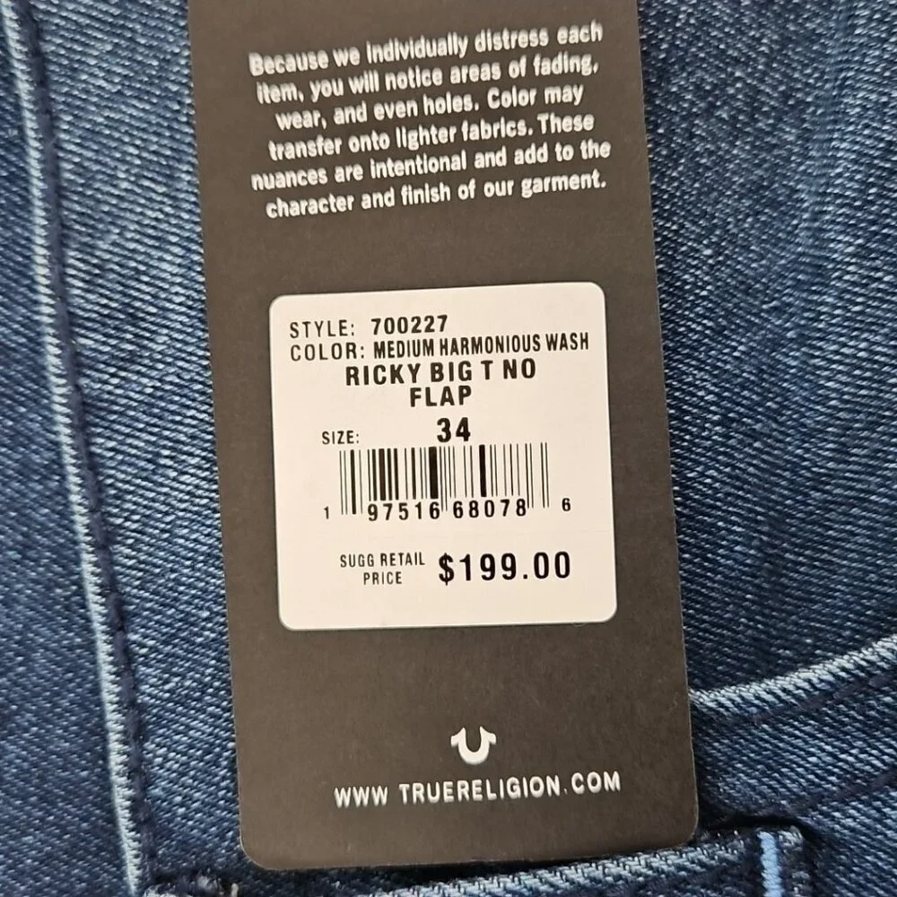 NWT True Religion Ricky Jeans Men's 34x34 Medium‎ Wash Relaxed Straight Leg NEW